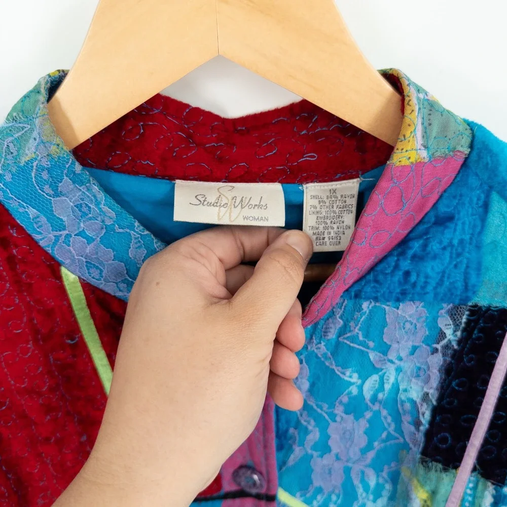 Colorful Patchwork Jacket Womens 1X Art to Wear‎ Lace Velvet Maximalist 90s Boho